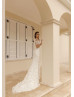 Short Sleeves Beaded Ivory Lace Tulle Slit Back Wedding Dress